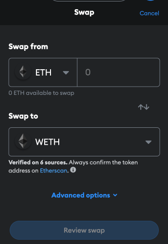 Method 1: Swap ETH for WETH 