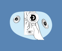 Hand holding a phone showing the Dogecoin logo and a SELL button