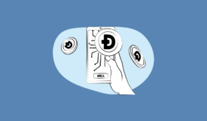Hand holding a phone showing the Dogecoin logo and a SELL button