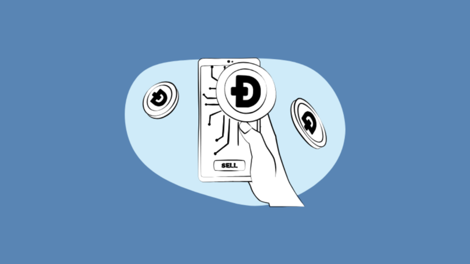 Hand holding a phone showing the Dogecoin logo and a SELL button