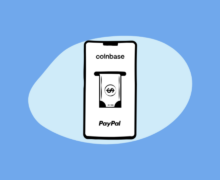 Illustration of a phone screen showing Coinbase and PayPal logos with a money icon between them, on a blue background.