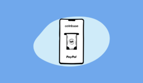 Illustration of a phone screen showing Coinbase and PayPal logos with a money icon between them, on a blue background.