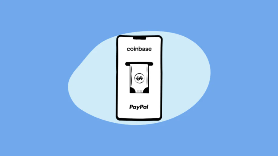 Illustration of a phone screen showing Coinbase and PayPal logos with a money icon between them, on a blue background.