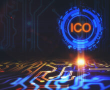 Initial Coin Offering (ICO) acronym glowing above a futuristic circuit board.