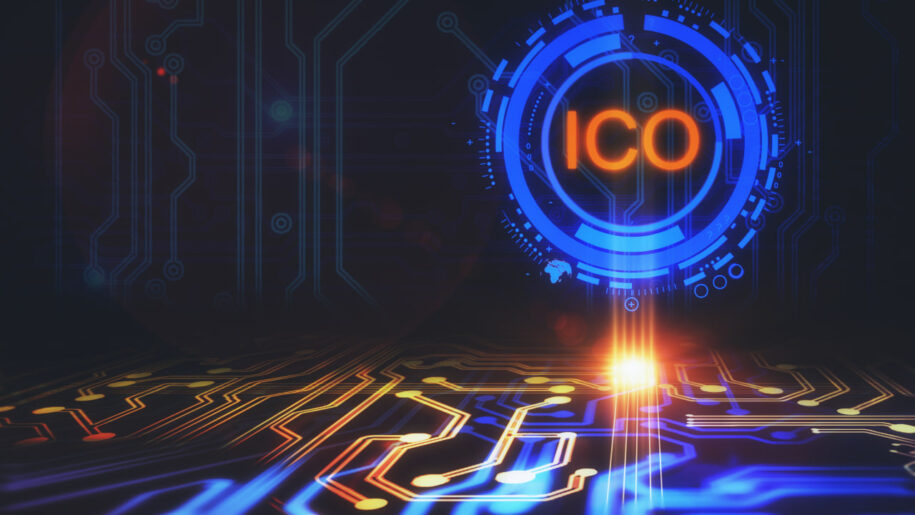 Initial Coin Offering (ICO) acronym glowing above a futuristic circuit board.