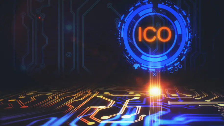 Initial Coin Offering (ICO) acronym glowing above a futuristic circuit board.