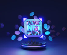 3D "NFT" logo on a pixelated card surrounded by floating coins and blocks on a glowing blue podium.