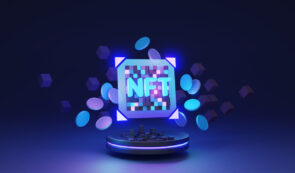 3D "NFT" logo on a pixelated card surrounded by floating coins and blocks on a glowing blue podium.