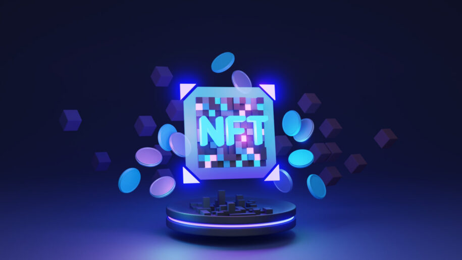 3D "NFT" logo on a pixelated card surrounded by floating coins and blocks on a glowing blue podium.
