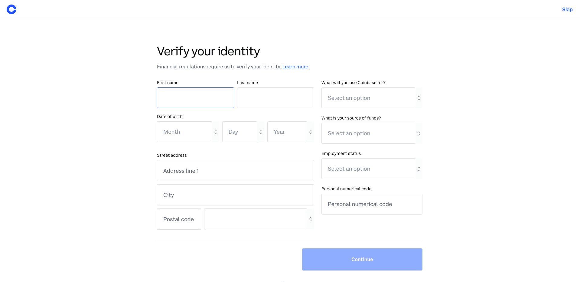 7. Verify your identity by providing information such as address, birth date, and what you want to do on Coinbase;  