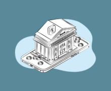 Illustration of a bank building resting on top of a smartphone, on a teal background.