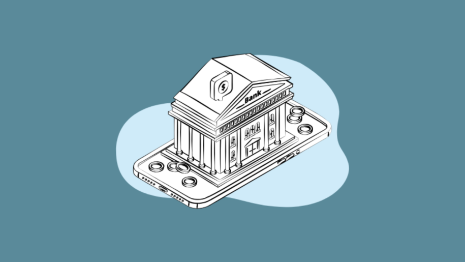 Illustration of a bank building resting on top of a smartphone, on a teal background.