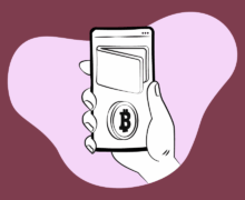 Illustration of a hand holding a smartphone displaying a wallet icon and Bitcoin symbol, on a maroon background.