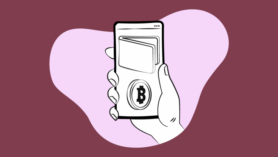 Illustration of a hand holding a smartphone displaying a wallet icon and Bitcoin symbol, on a maroon background.