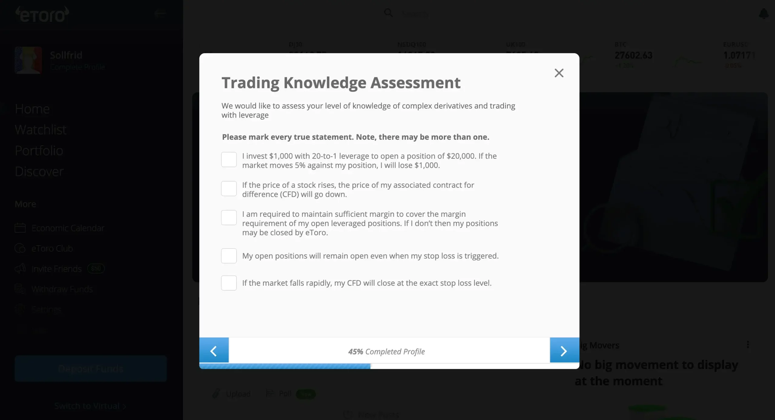 Step 1.13: Trading knowledge assessment 