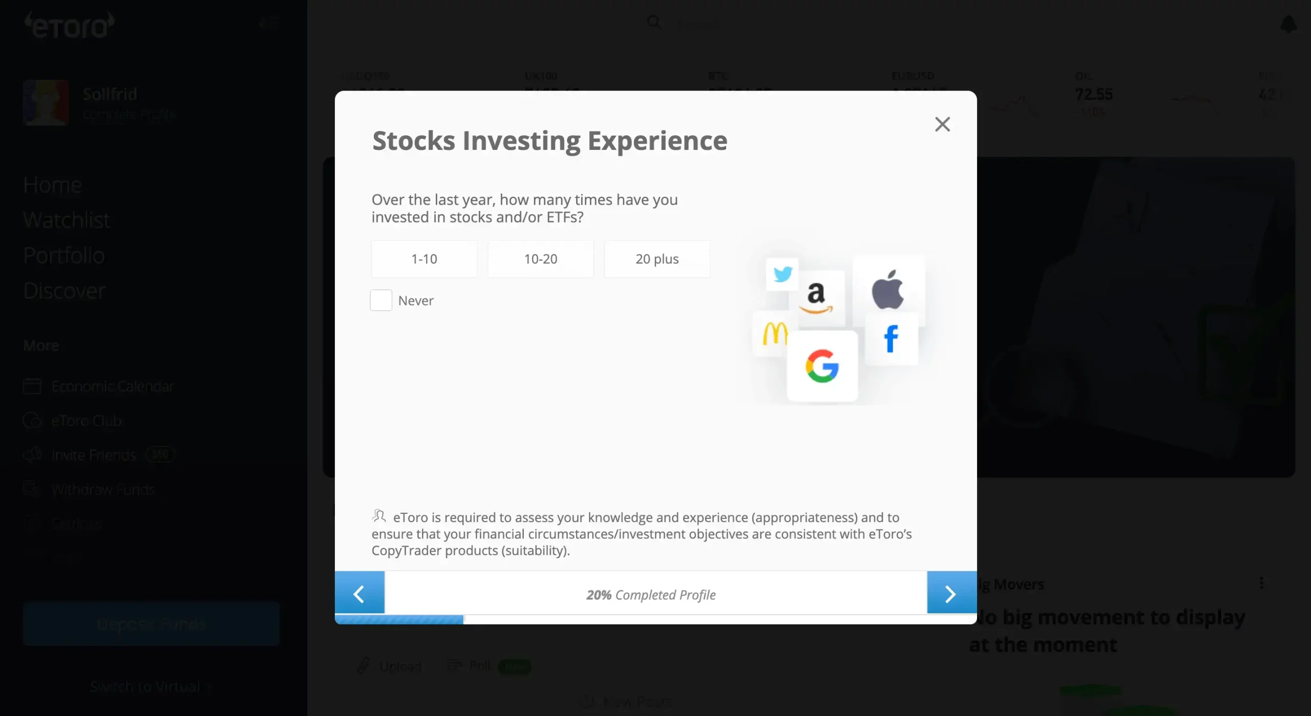 Step 1.9: Select your stock investment experience 