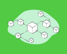 Illustration of connected cube nodes representing a blockchain network, on a green background.