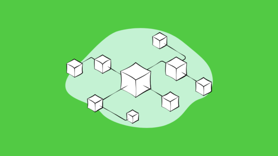 Illustration of connected cube nodes representing a blockchain network, on a green background.