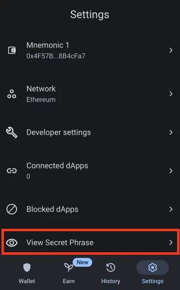 Step 2. Select the "View Secret Phrase" Option in the Menu 