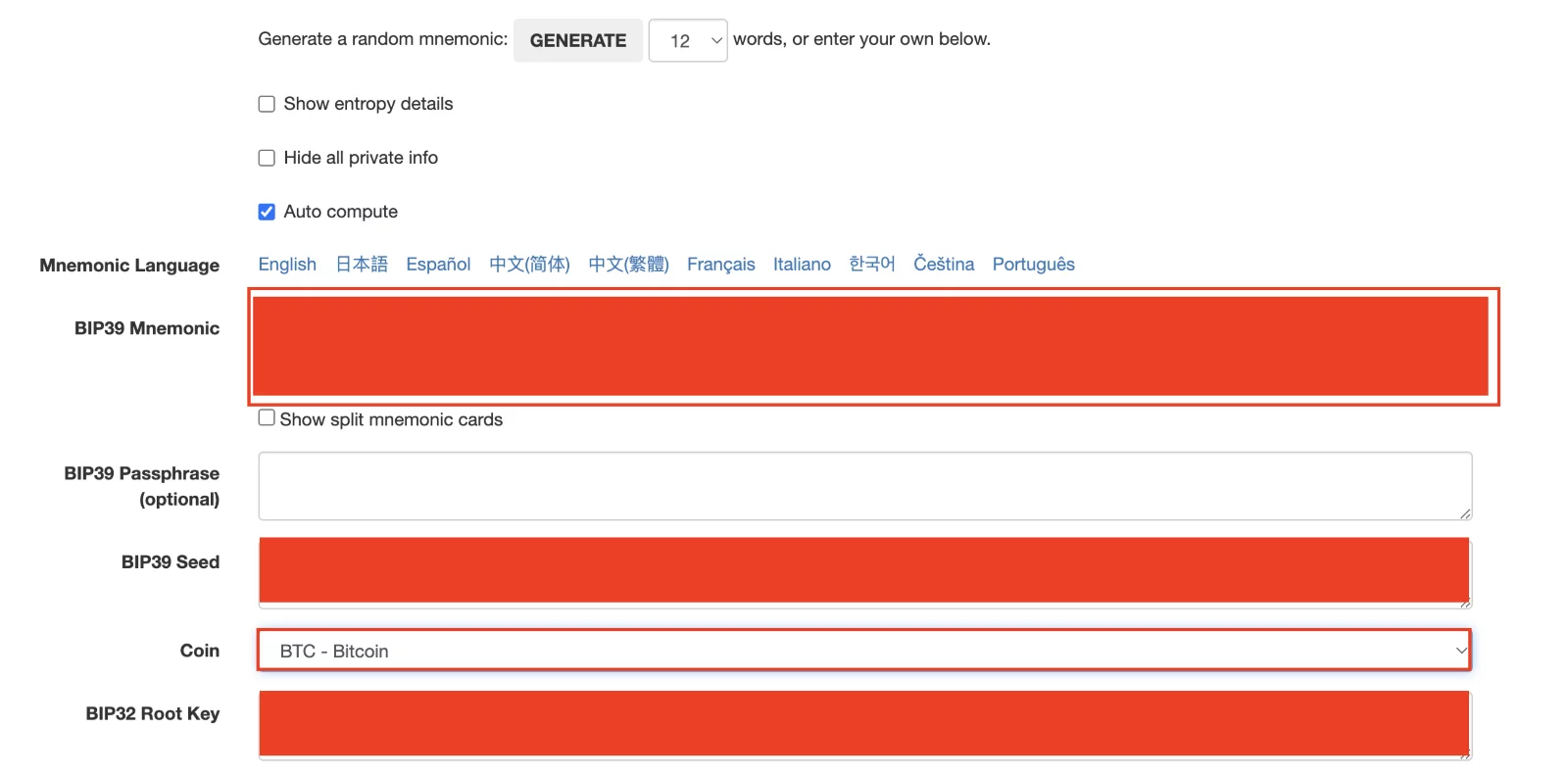 Step 7. Input Your Recovery Phrase into the "BIP39 Mnemonic" Field and Select the Coin 