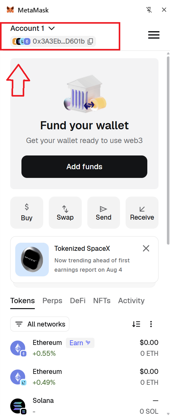 Account selector highlighted at the top of the MetaMask browser extension