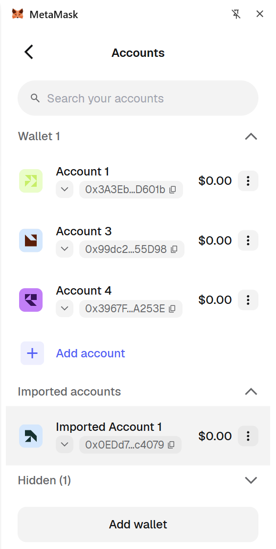 MetaMask account list showing an account with the Imported label