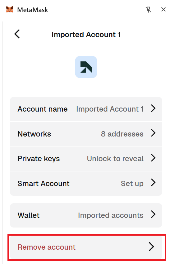 Remove account button in the Account details panel of an imported MetaMask account