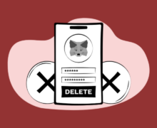 Illustration of a smartphone showing the MetaMask fox logo above password fields and a "DELETE" button