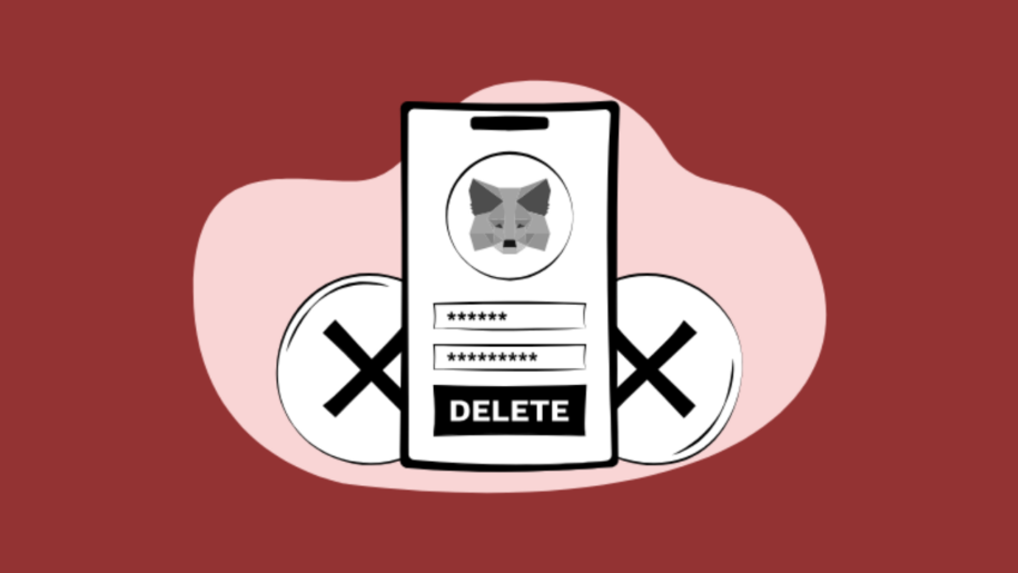 Illustration of a smartphone showing the MetaMask fox logo above password fields and a "DELETE" button