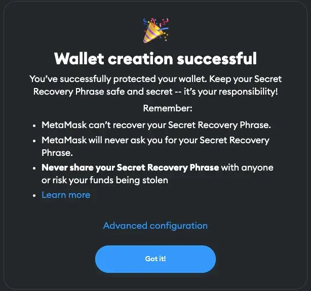 MetaMask Creation Successful 