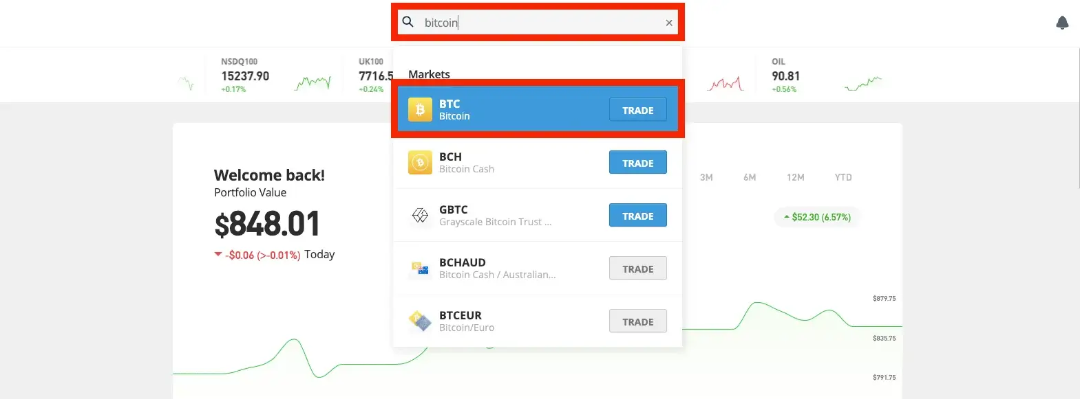 Step 2. Search for Bitcoin and Access the Currency Page on the Platform