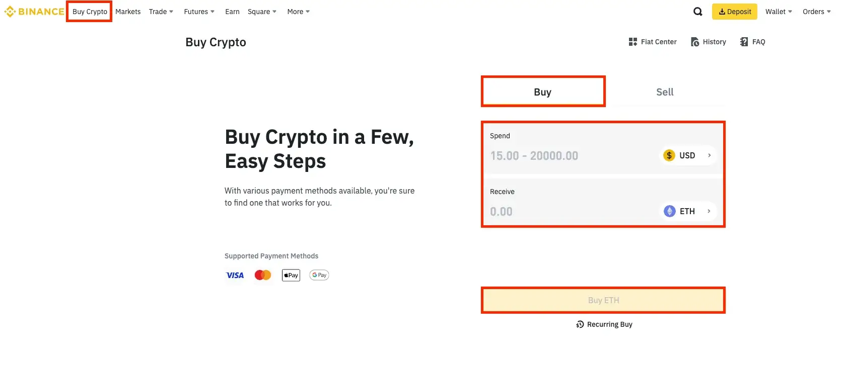 Step 2.2.** Buying Ethereum (ETH) on Binance