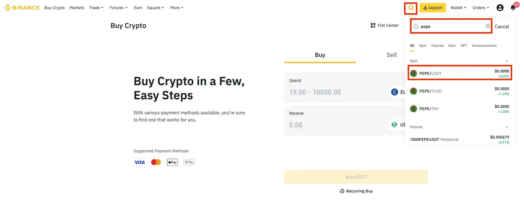 Step 5. Find the PEPE/USDT Trading Pair or Similar Trading Pairs