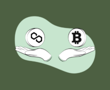 Illustration of two hands holding up Polygon and Bitcoin coin icons, on a green background.
