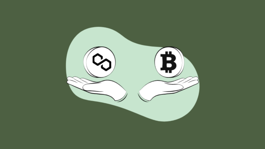 Illustration of two hands holding up Polygon and Bitcoin coin icons, on a green background.