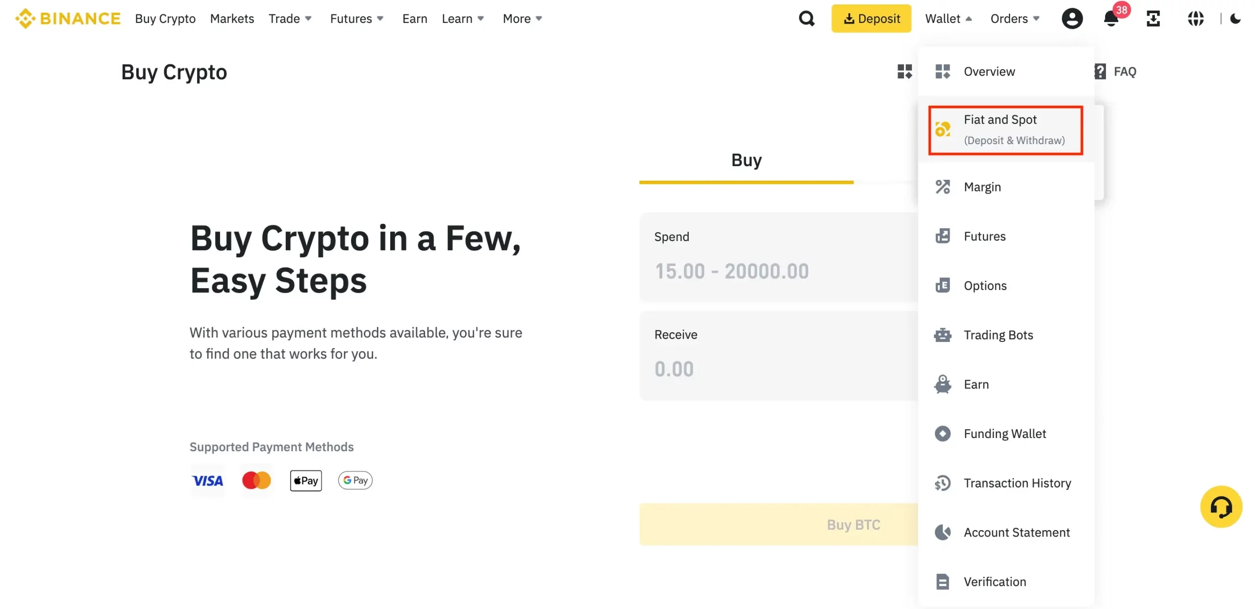 Step 1: Log into your Binance account, go to the "Wallet" tab, and click "Fiat and Spot Wallet."