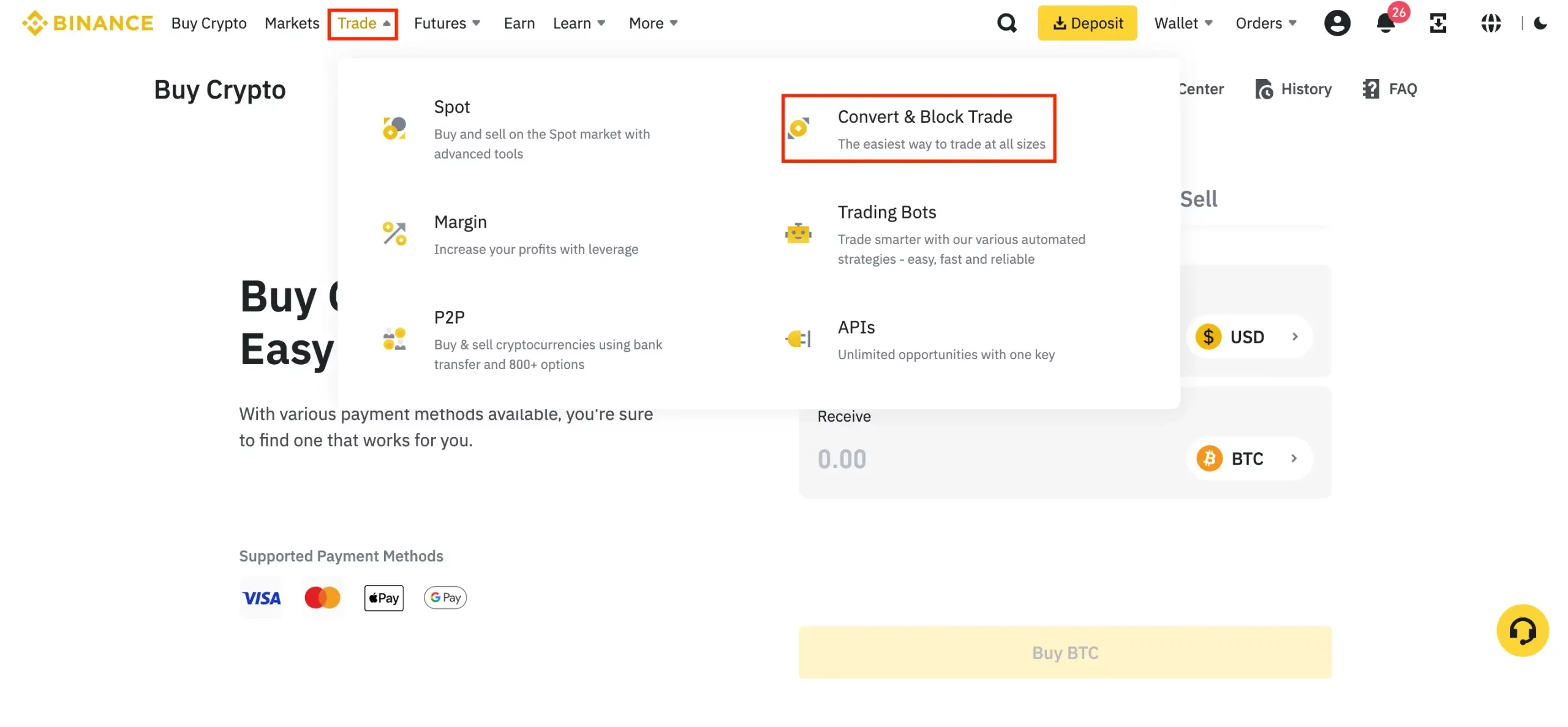 Select Trade and Convert & Block Trade from Binance
