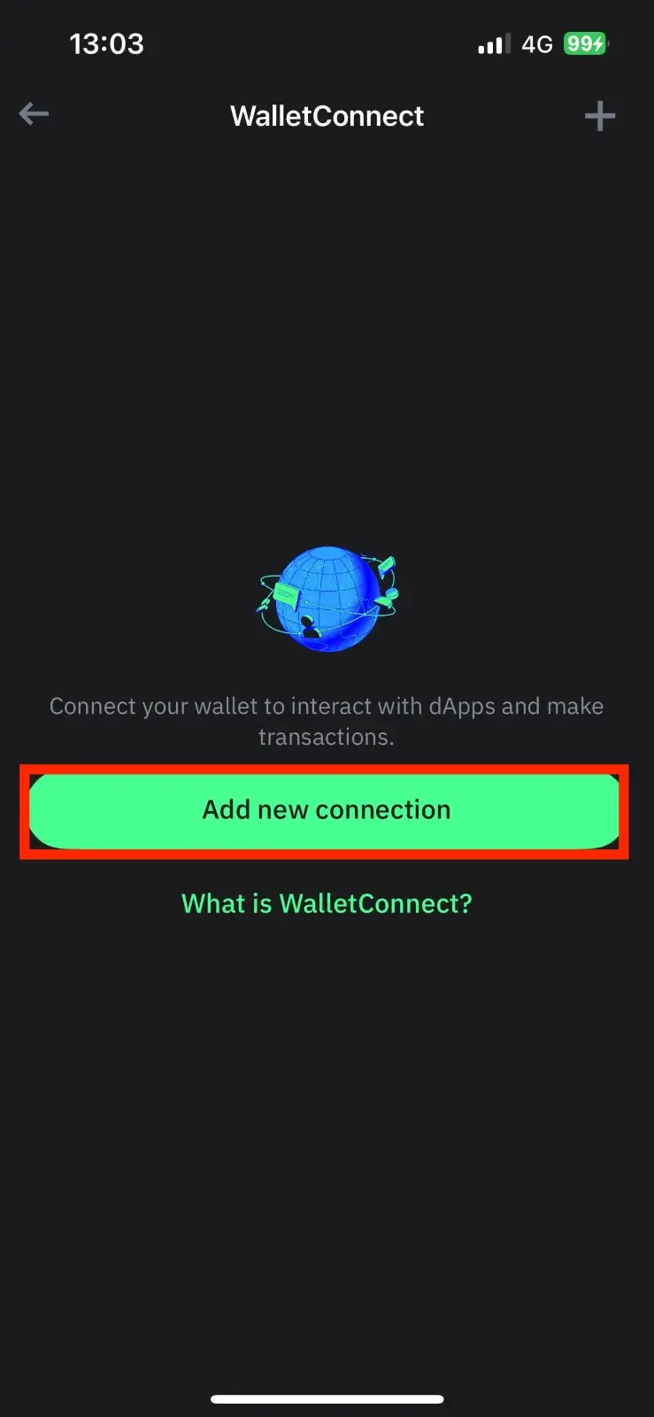 Step 3. Click “New Connection” and Scan the QR Code of Your Selected DApp