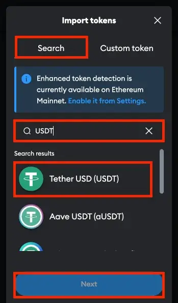 Import Tokens - Search USDT