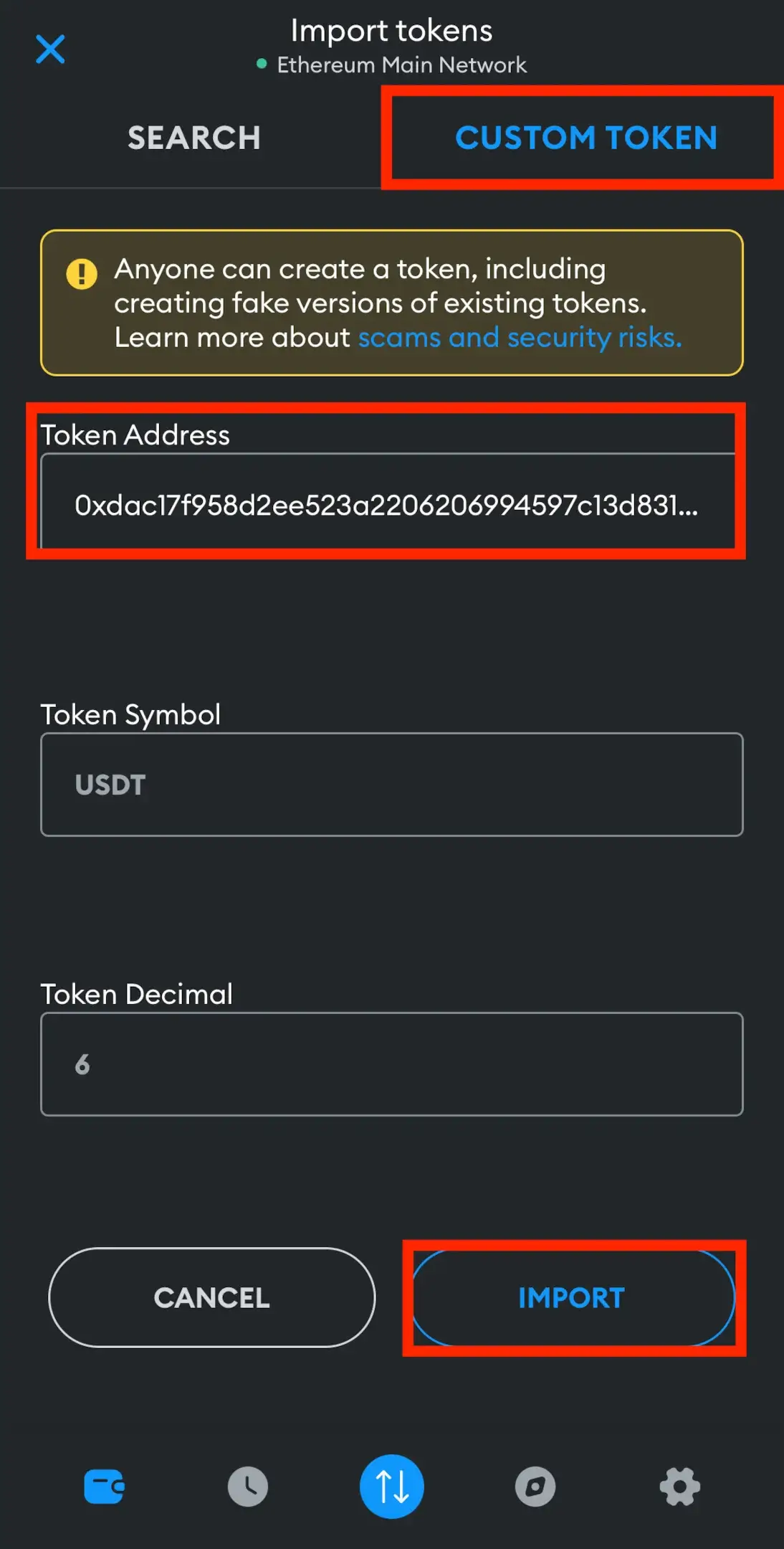 Import Tokens - Custom Tokens - Click on Import