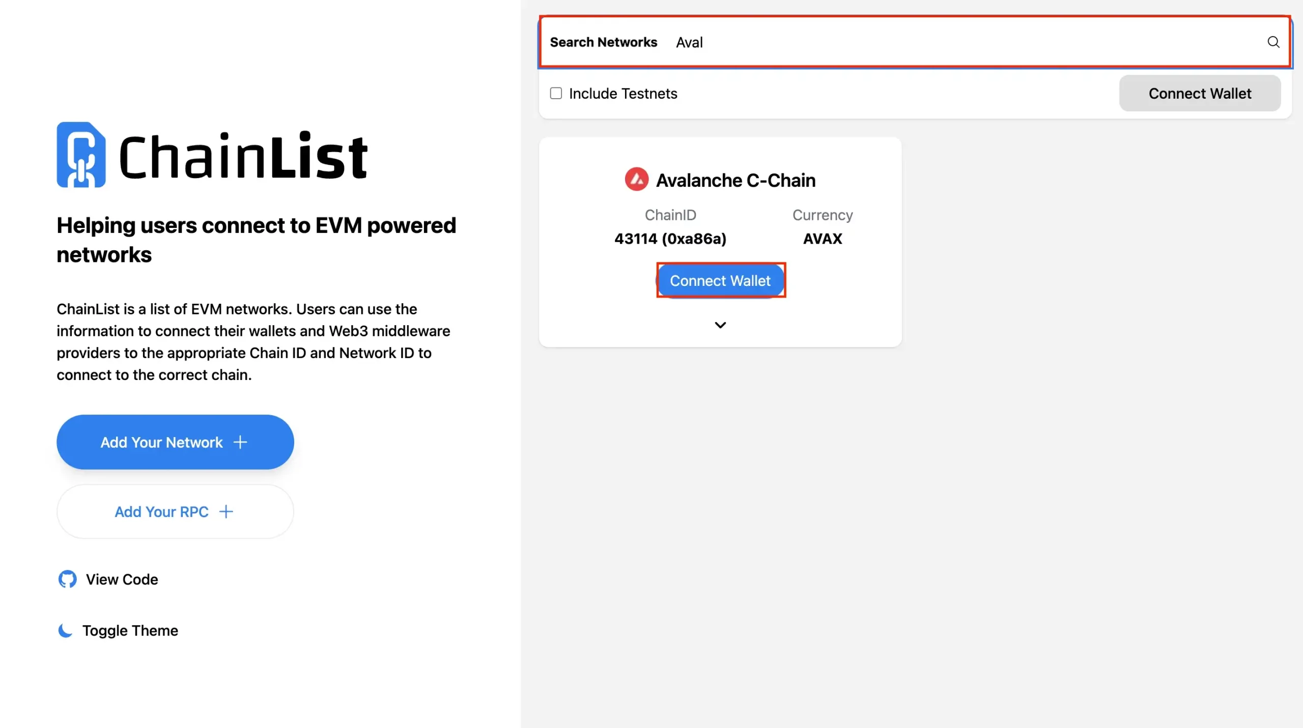Step 1. Search for Avalanche Mainnet C-Chain and Press the "Connect Wallet" Button