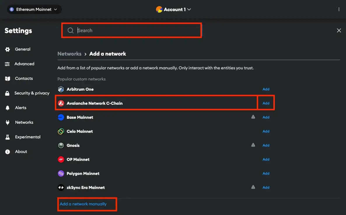 Step 3. Search and Select the Avalanche Network C-Chain OR Add the Network Manually