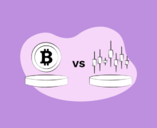 Bitcoin coin icon versus a candlestick chart illustration on a purple background.