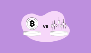 Bitcoin coin icon versus a candlestick chart illustration on a purple background.