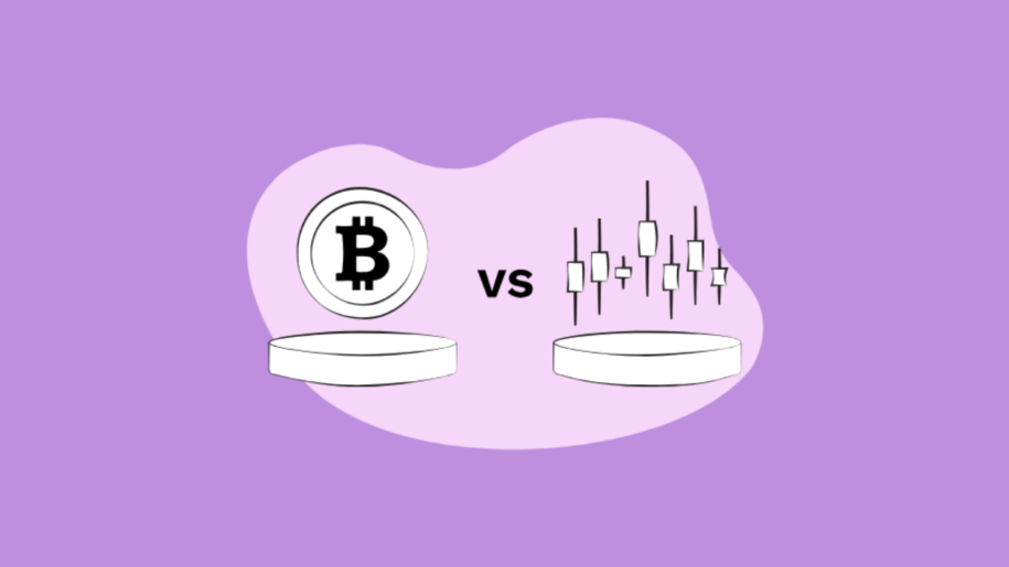 Bitcoin coin icon versus a candlestick chart illustration on a purple background.