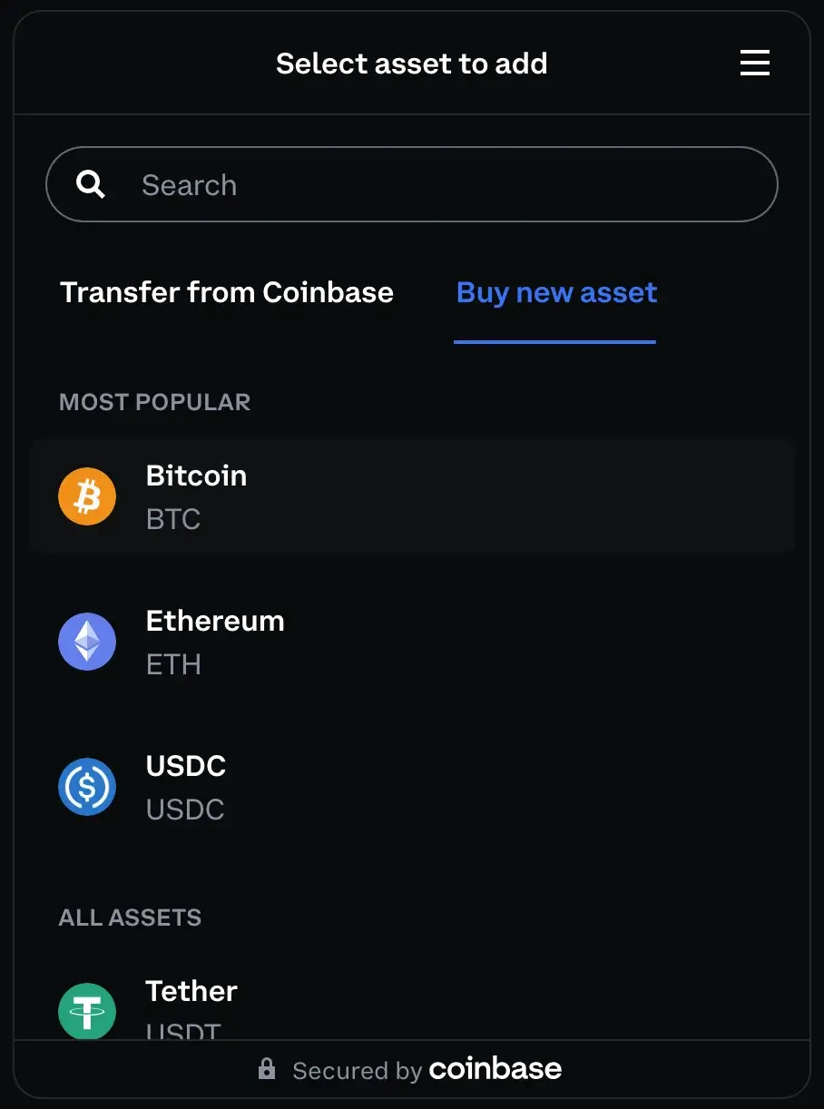 Step 2: Go to Coinbase Pay and select Bitcoin