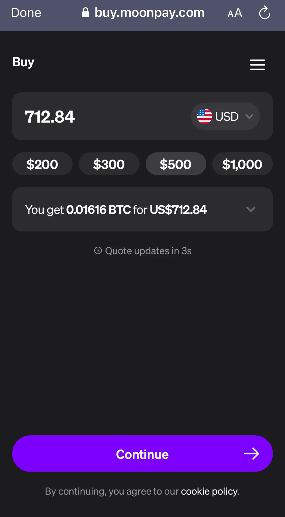 Step 2: Select the amount of fiat you want to sell for Bitcoin