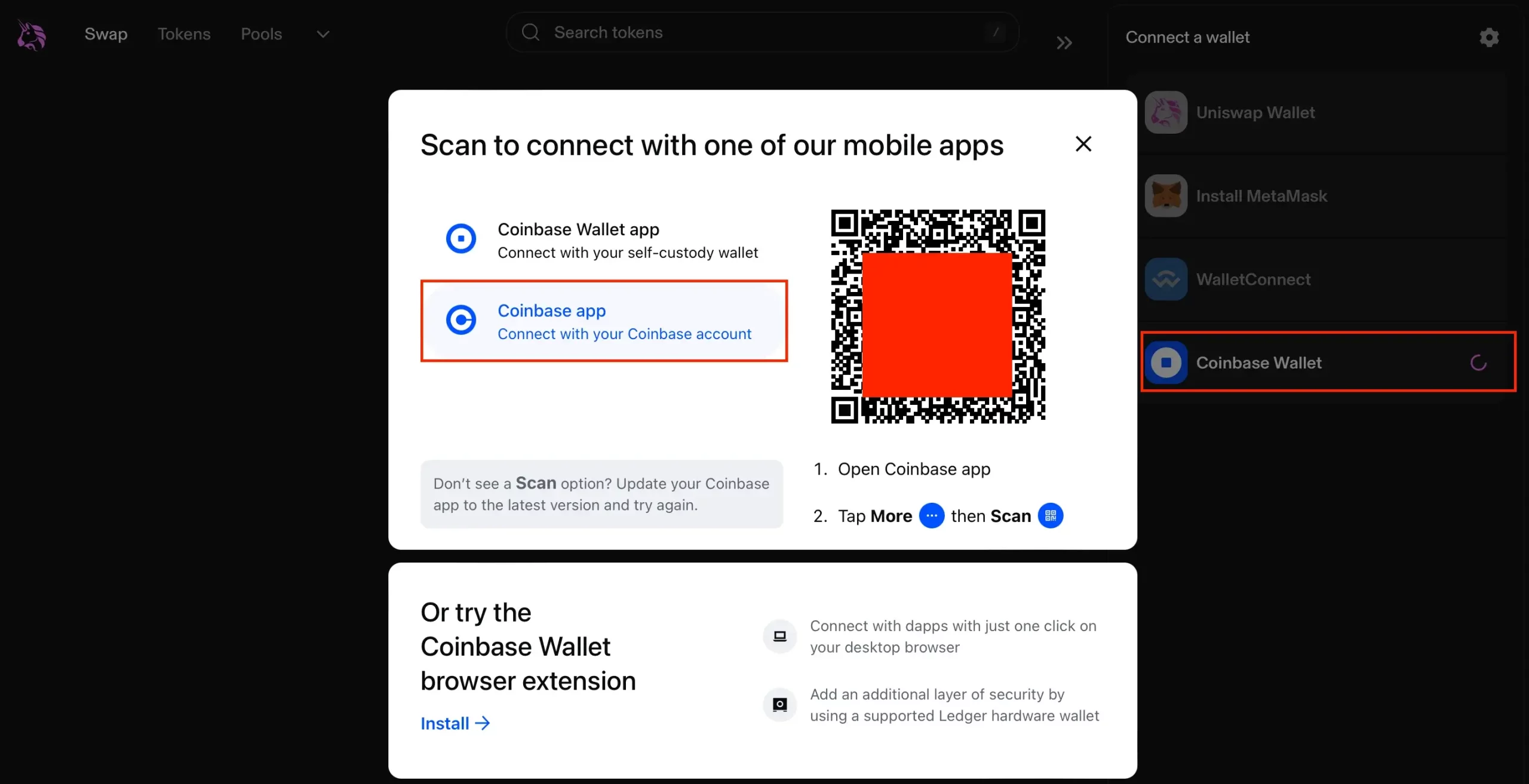Step 2. Connect Your Coinbase App Account with Uniswap