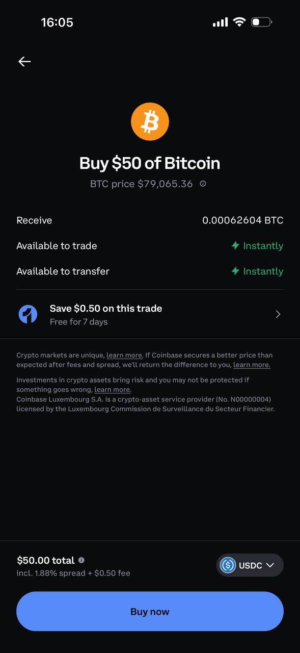 Coinbase review order screen for a $50 Bitcoin purchase disclosing a 1.88% spread plus a $0.50 fee