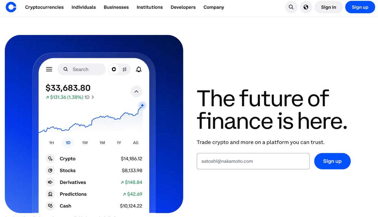 Coinbase homepage and web app interface displaying account asset breakdown and the headline "The future of finance is here."